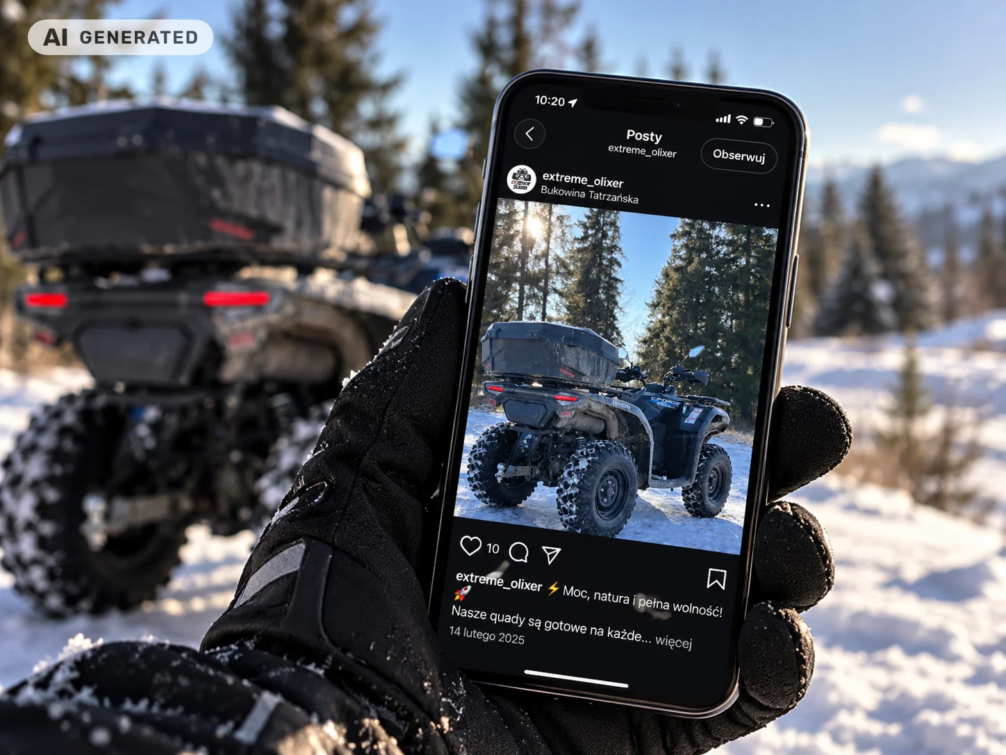 Post na Instagramie Extreme Olixer ze zdjęciem quada na telefonie trzymanym w rękawiczce
