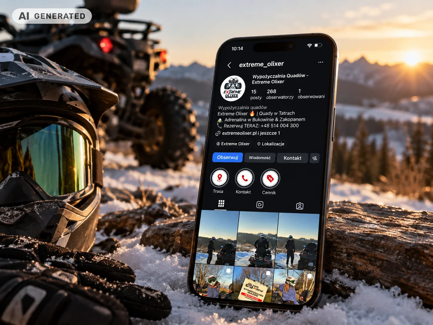 Profil Extreme Olixer na Instagramie na ekranie telefonu na tle quada i gór