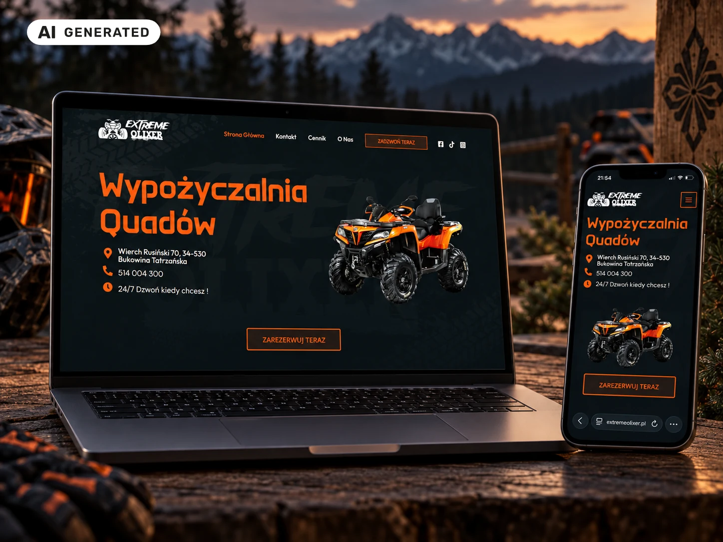 Makieta strony wypożyczalni quadów Extreme Olixer na laptopie i telefonie.