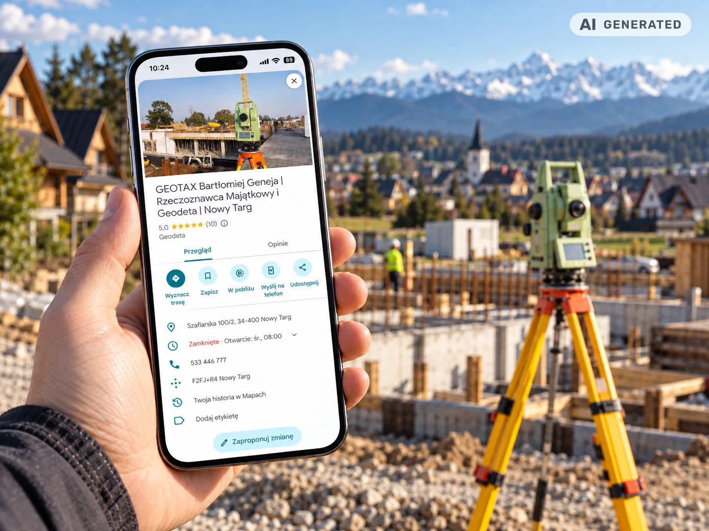 Pozycjonowanie wizytówki Google w Nowym Targu – profil firmy w Google Maps na telefonie dla firmy geodezyjnej w Nowym Targu.