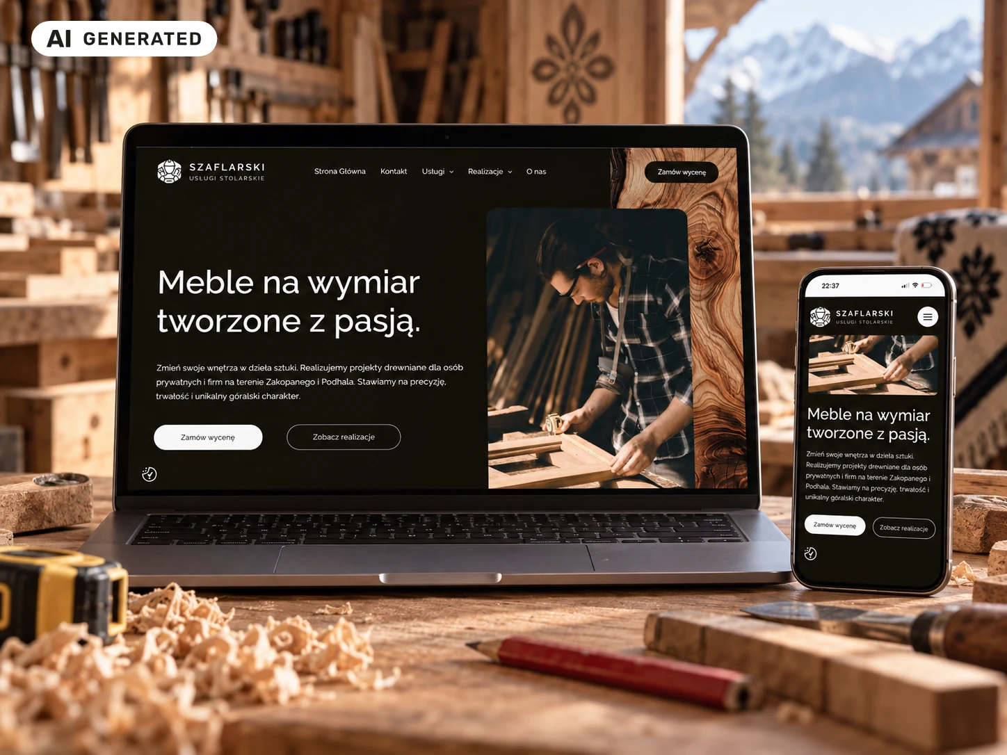 Makieta strony firmy Szaflarski Meble na Wymiar na laptopie i telefonie.