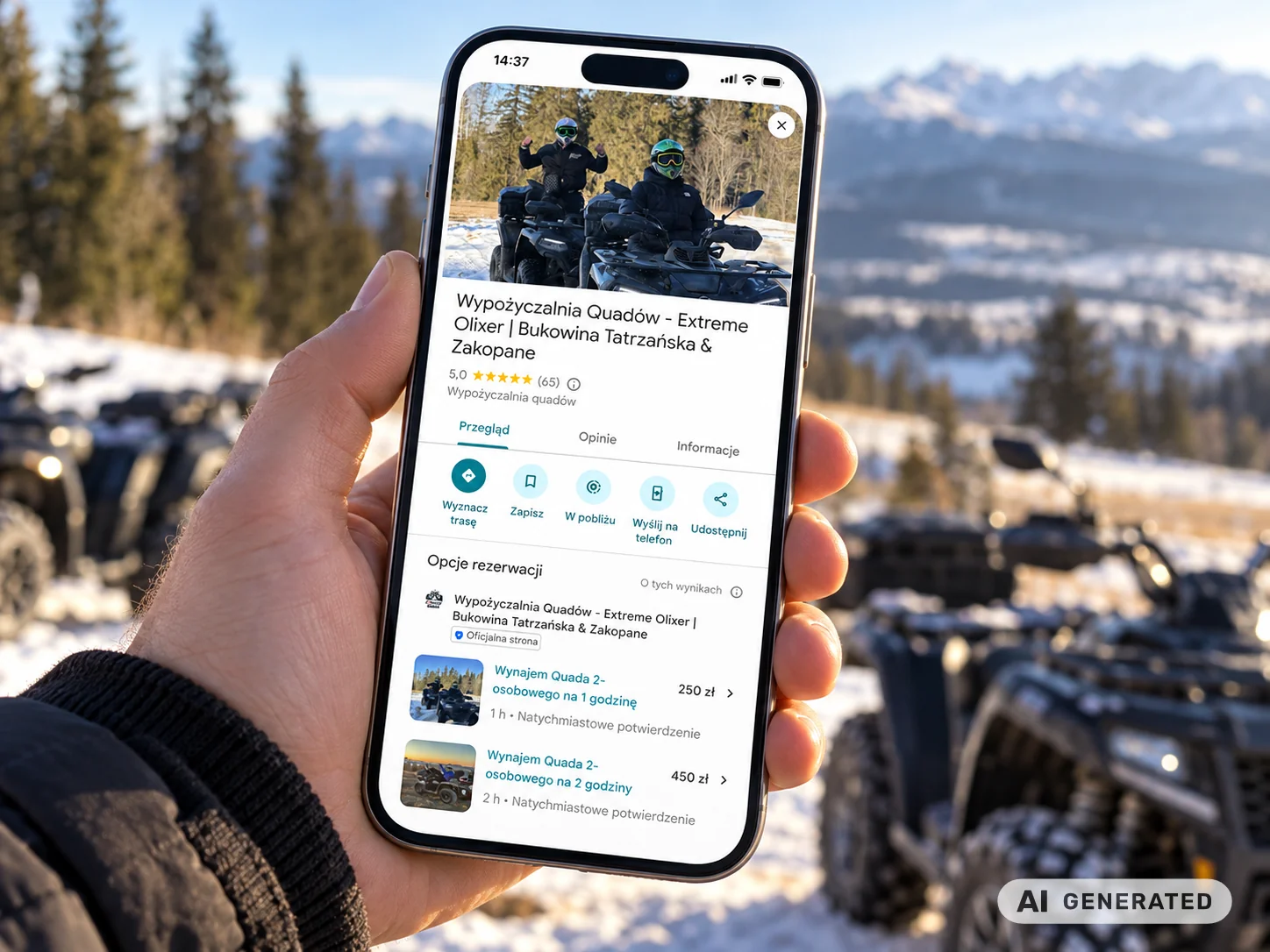 Wizytówka Google wypożyczalni quadów Extreme Olixer w Bukowinie Tatrzańskiej na telefonie na tle quadów i gór