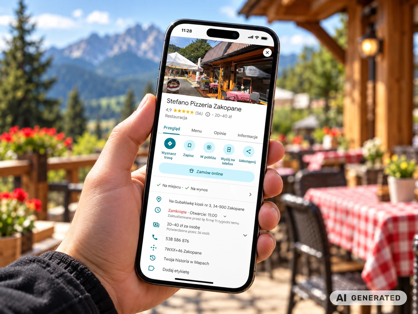 Wizytówka Google pizzerii Stefano w Zakopanem na ekranie telefonu na tle górskiego tarasu
