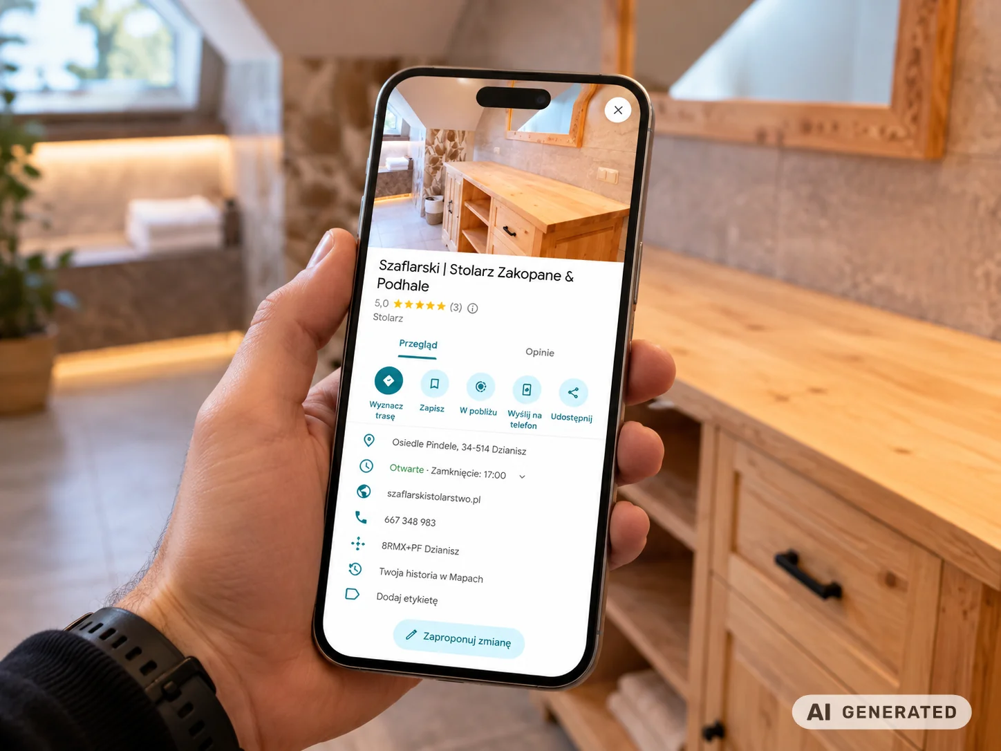 Wizytówka Google stolarza Szaflarski z Zakopanego na ekranie telefonu w drewnianym wnętrzu